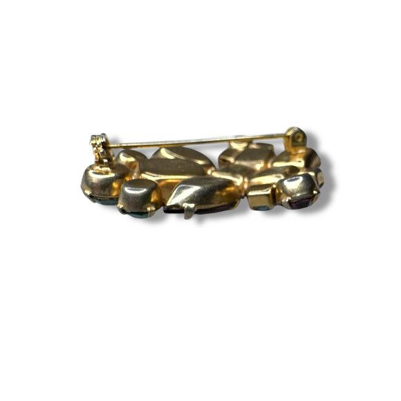 Vintage Gold Tone Brooch With Prong Set Crystals In Purple Blue & Green 1.75" x - Picture 7 of 12